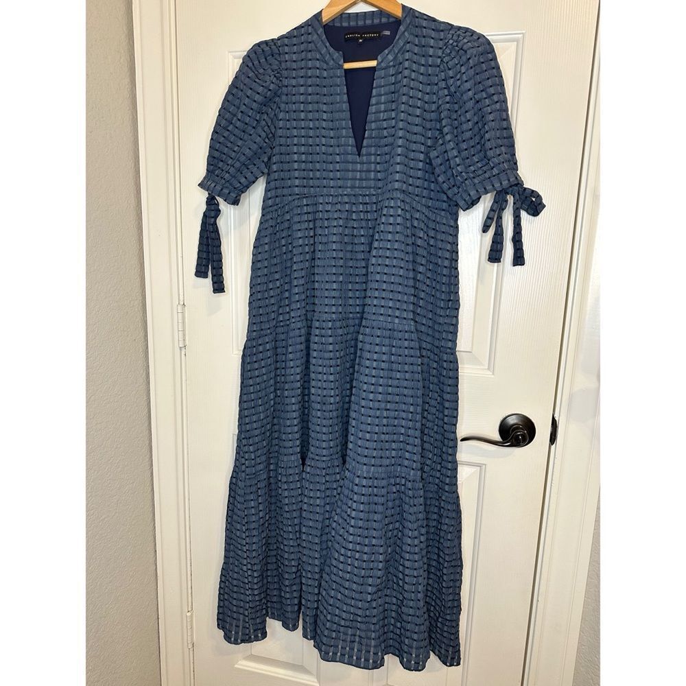 English Factory Turquoise Gingham Tiered Midi Dress Sz XS Cottage Dark Academia - Picture 2 of 9